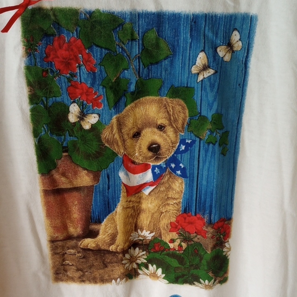 SPCA Large White Tee, Dog, Puppy, Flowers, Butterflies, Red Ribbon, Blue Green